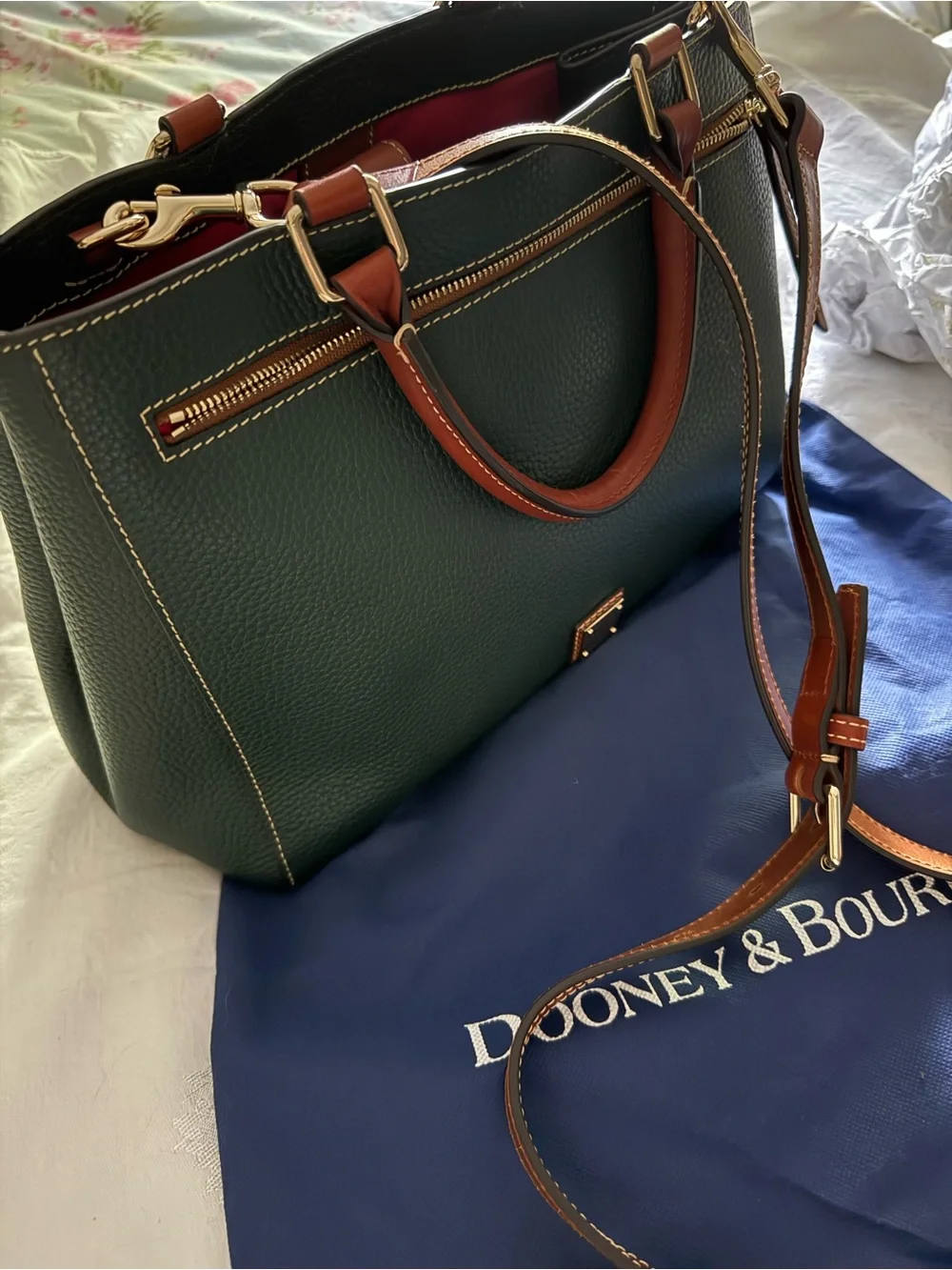 Dooney & Bourke Dark Green Pebbled Leather Satchel with Brown Trim
